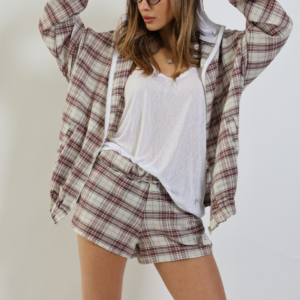 חליפת מכנס קצר משבצות בורדו