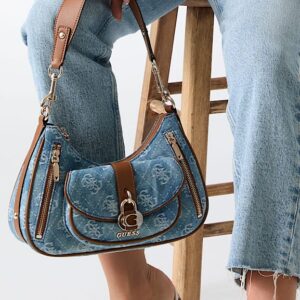 GUESS JESSA תיק כתף בינוני ג'ינס בהדפס לוגו